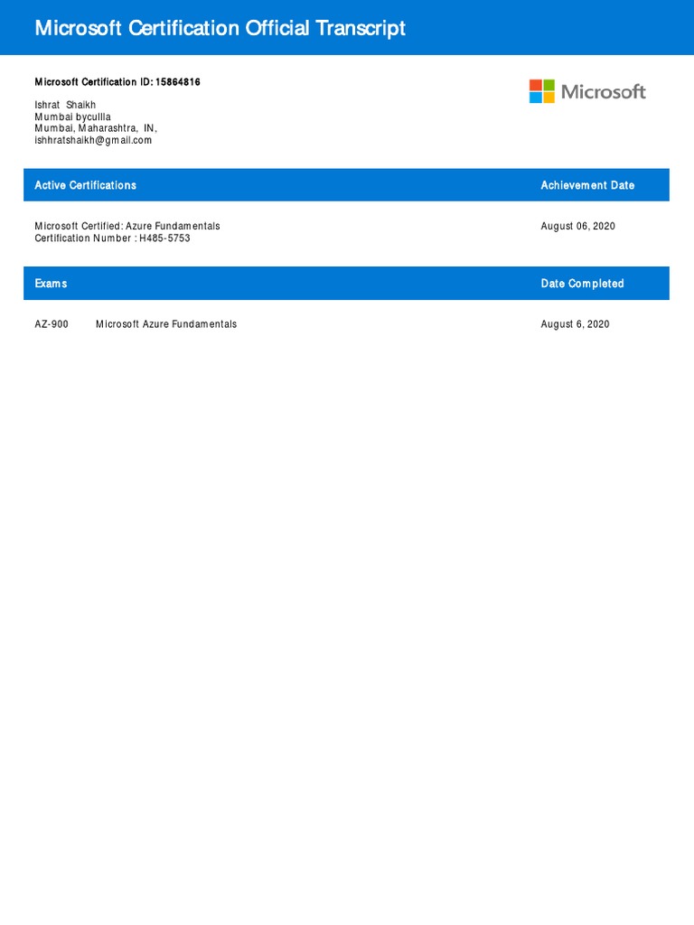 Microsoft Certified Professional Transcript | PDF