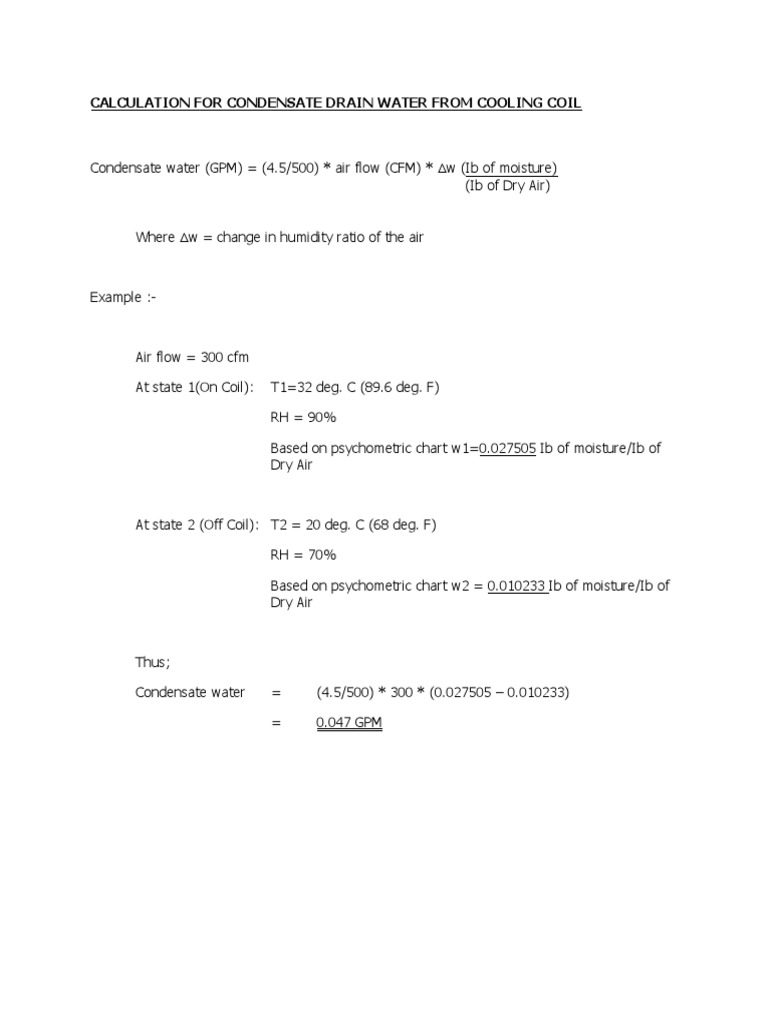 Calculation For Condensate Drain Water From Cooling Coil PDF PDF