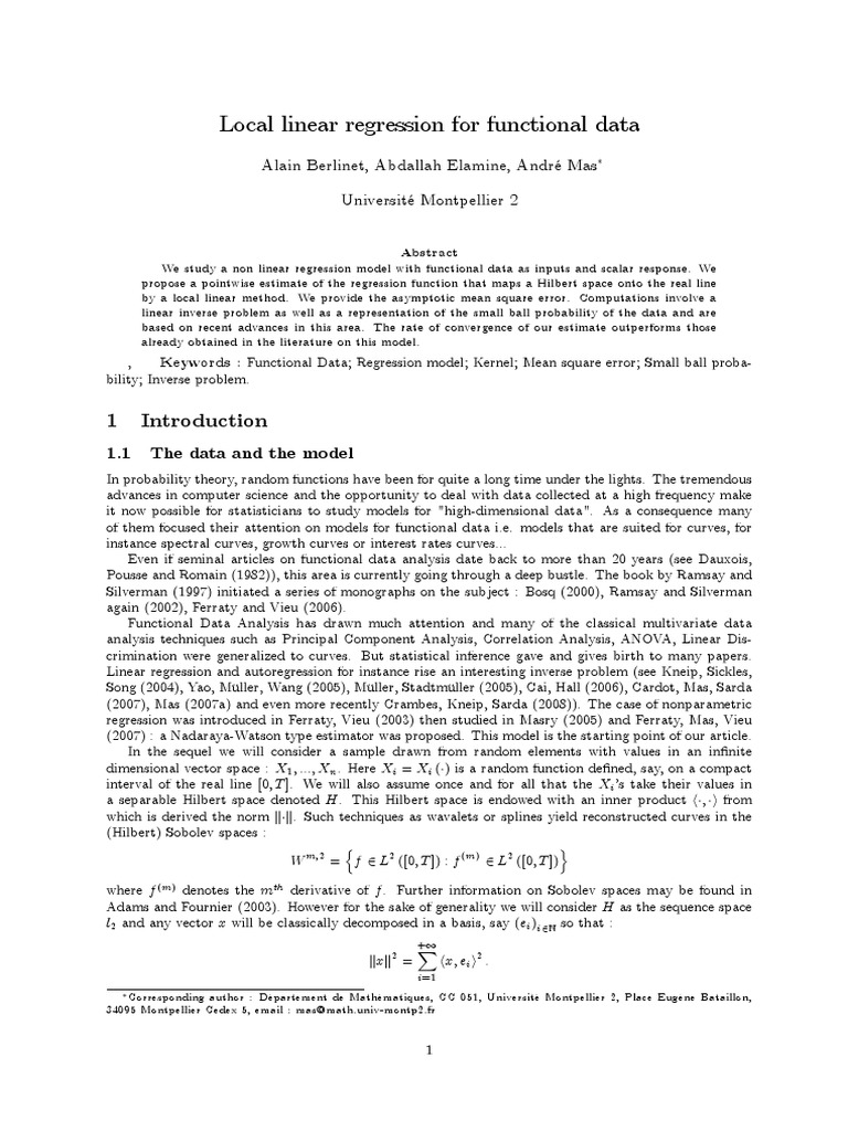 Local Linear Regression For Functional Data: Alain Berlinet, Abdallah ...