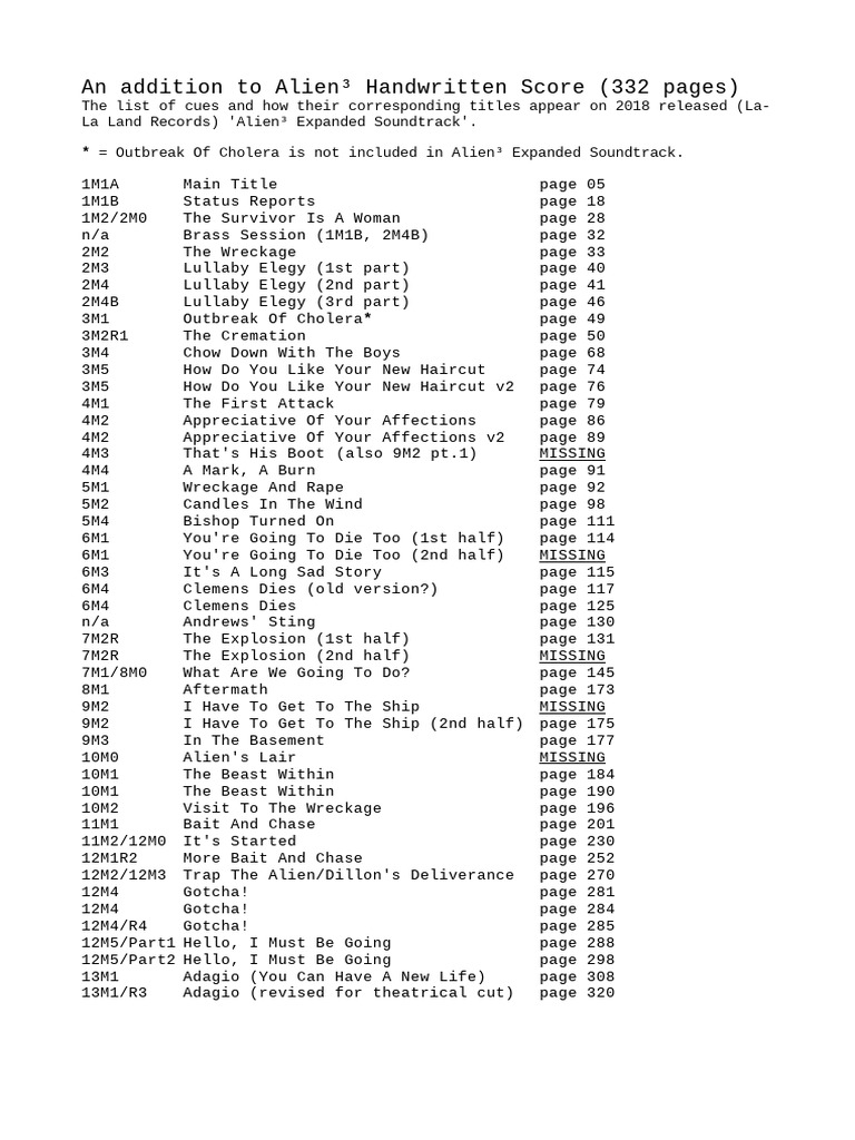 Alien³ Expanded Soundtrack Cues List | PDF | Violence