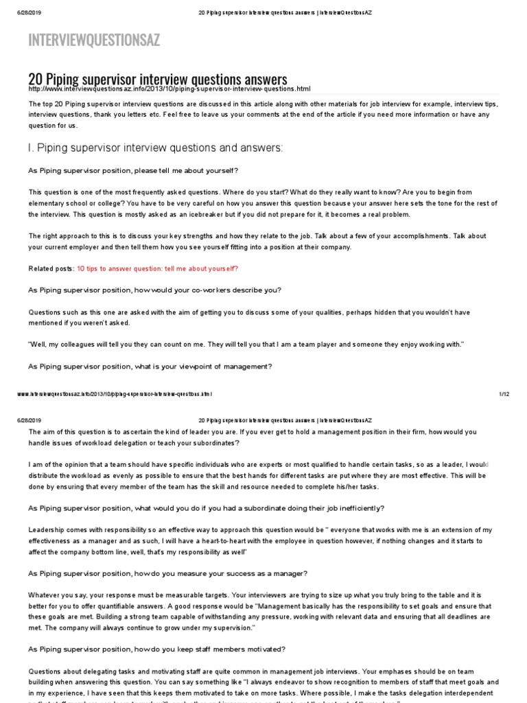 20 Piping Supervisor Interview Questions Answers InterviewQuestionsAZ PDF Interview Question