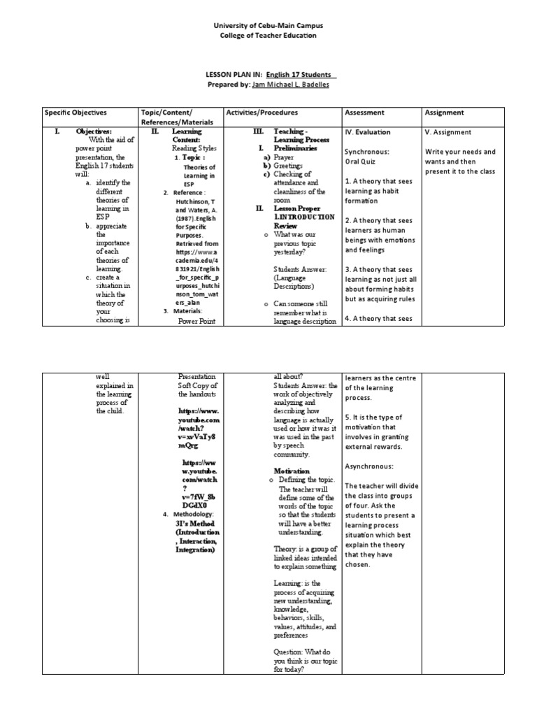 3I's Lesson Plan for English 17 | PDF | Motivation | Motivational