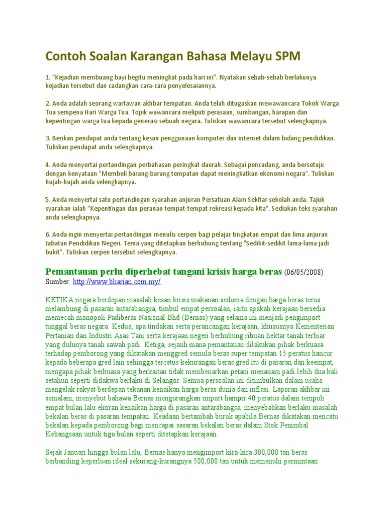 Contoh Soalan Karangan Bahasa Melayu SPM