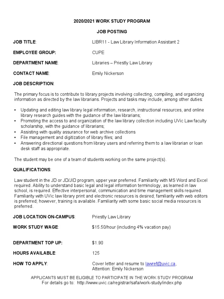 2020/2021 Work Study Program Job Posting Job Title: Employee Group ...