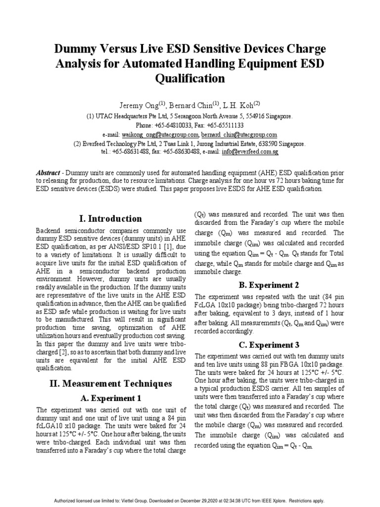 Dummy Versus Live ESD Sensitive Devices Charge Analysis For Automated