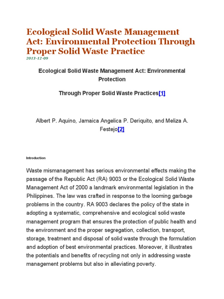 Ecological Solid Waste Management Act PDF Waste Management