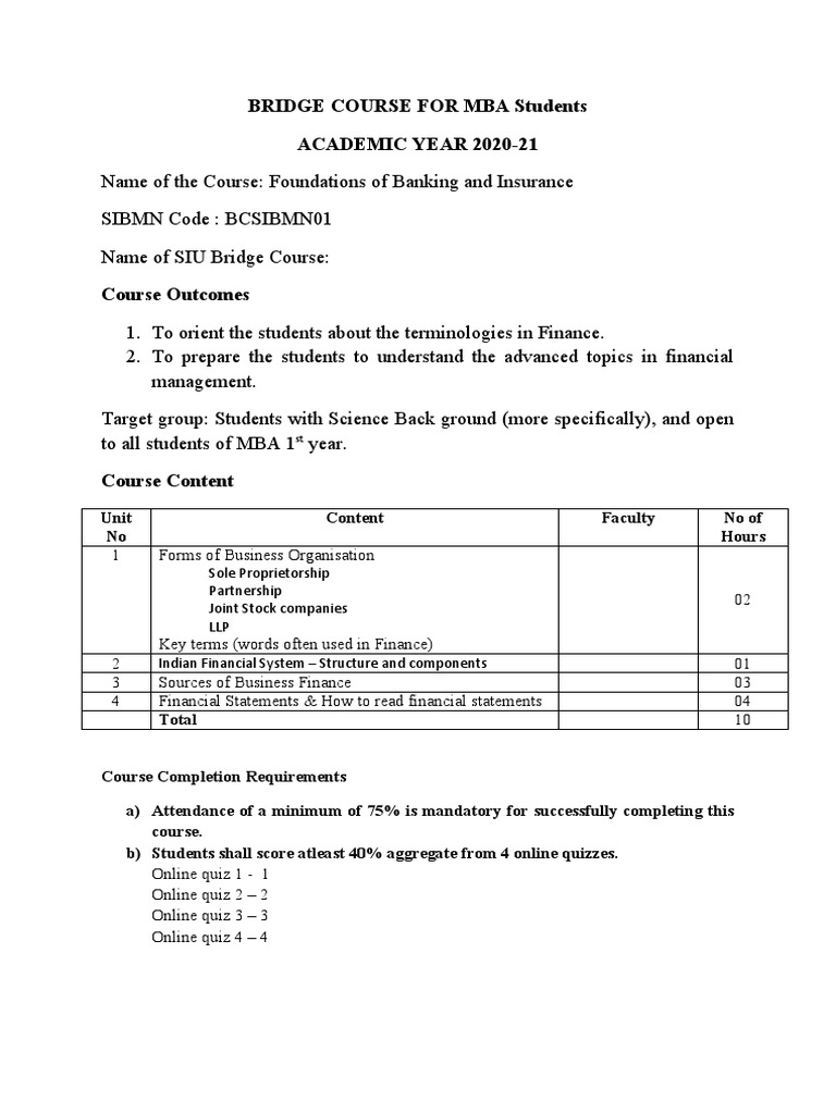 Mba Bridge Course Banking Finance Foundations Pdf Business
