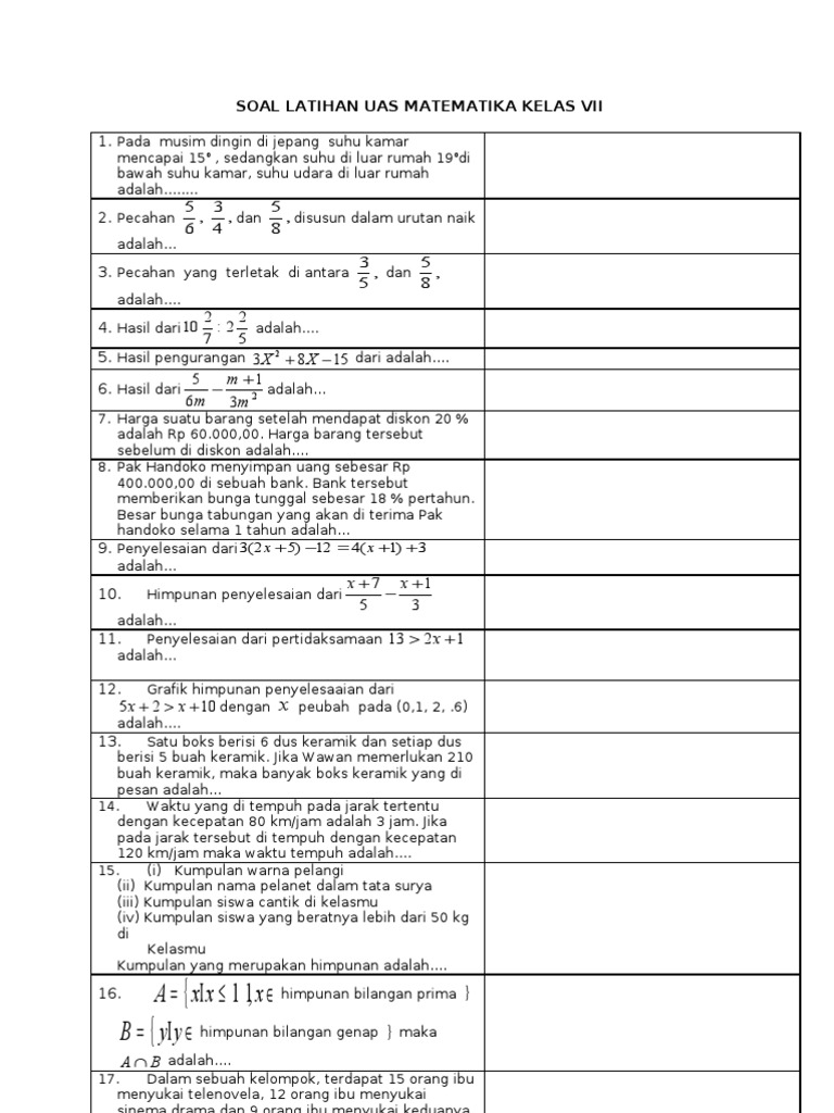 Soal Latihan Uas Genap Matematika Kelas Vii 0910