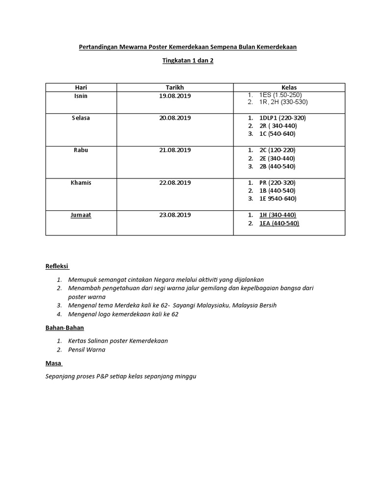 Aktiviti Sempena Menyambut Bulan Kemerdekaan 62 Minggu 29 Pdf