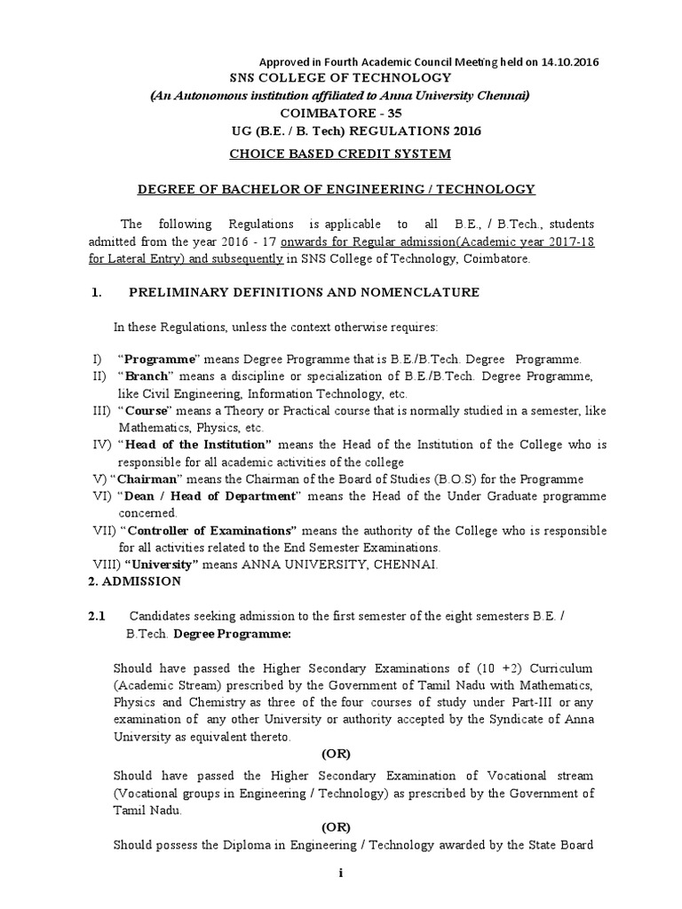 SNS College B.E./B.Tech Regulations 2016 | PDF | Course Credit | Test ...