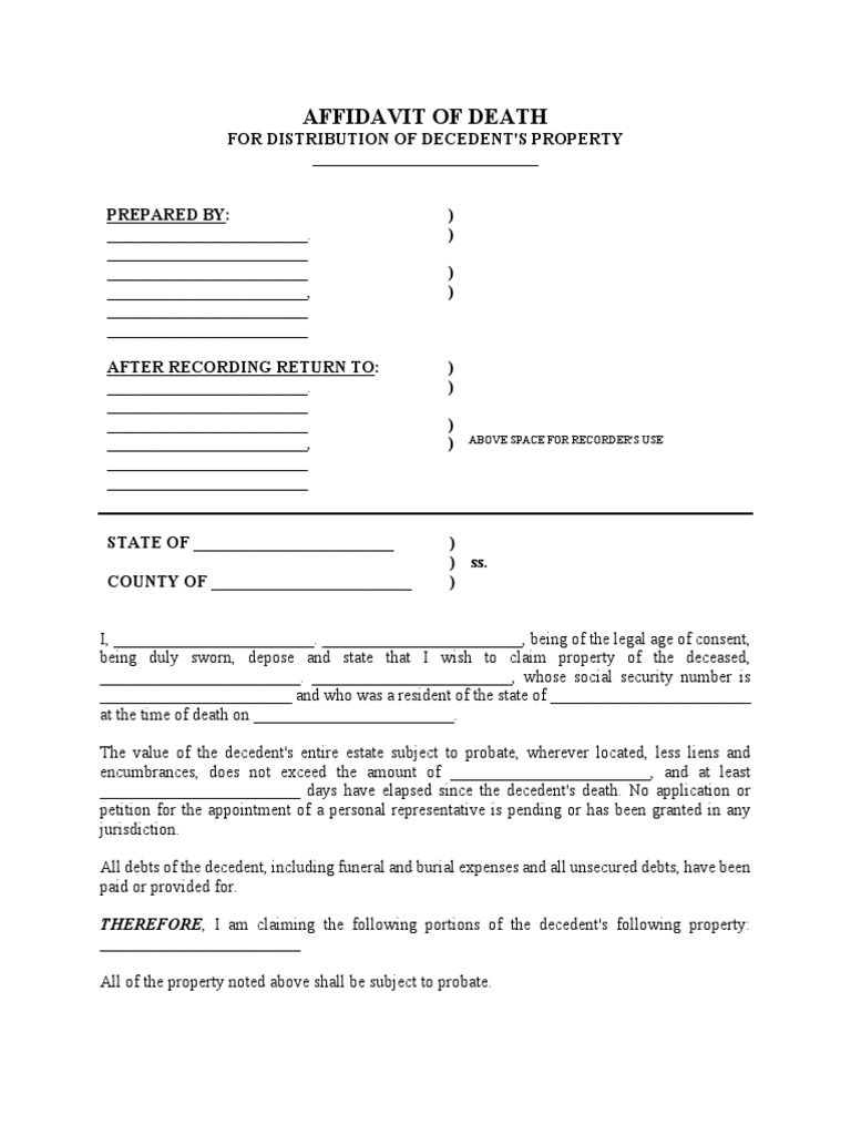 Affidavit of Death For Distribution of Decedent'S Property PDF