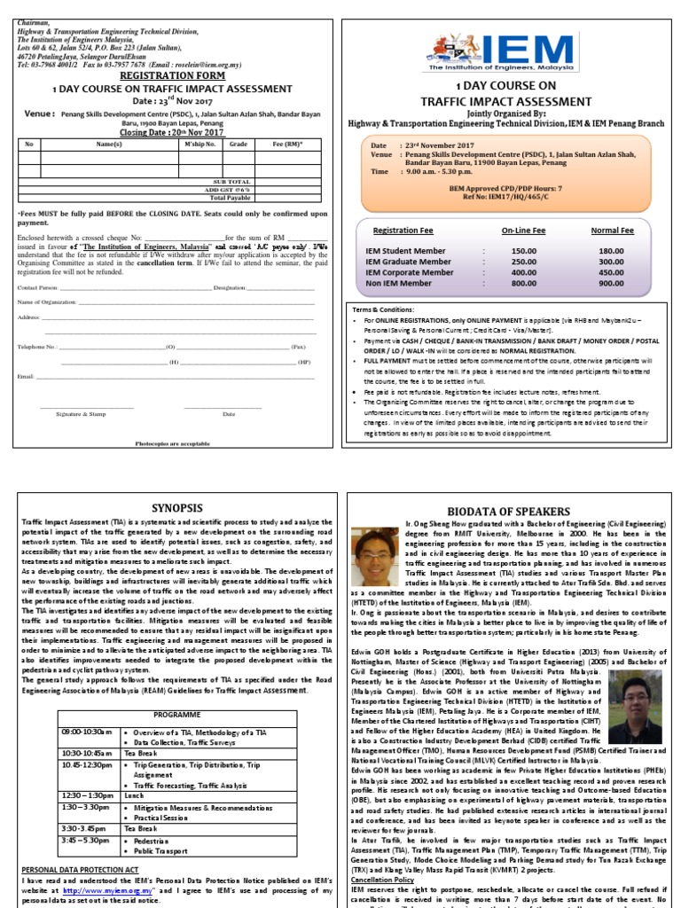 Iem, Registration Form 1 Day Course On Traffic Impact Assessment PDF