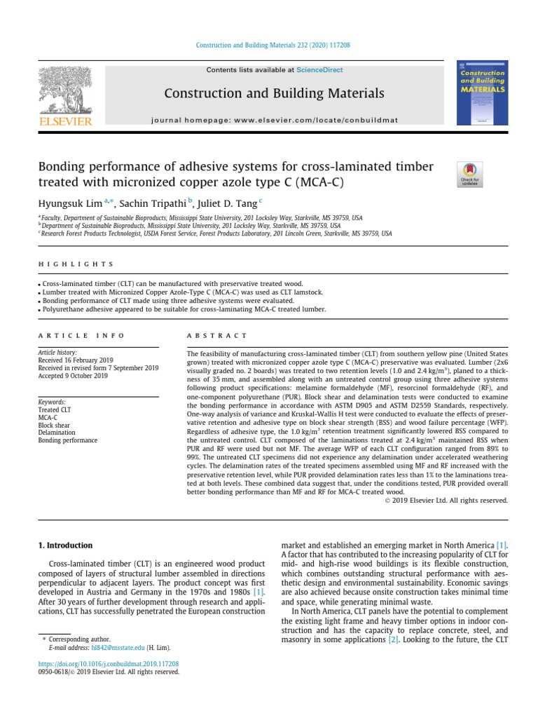 Bonding Performance of Adhesive Systems For Cross-Laminated Timber With ...
