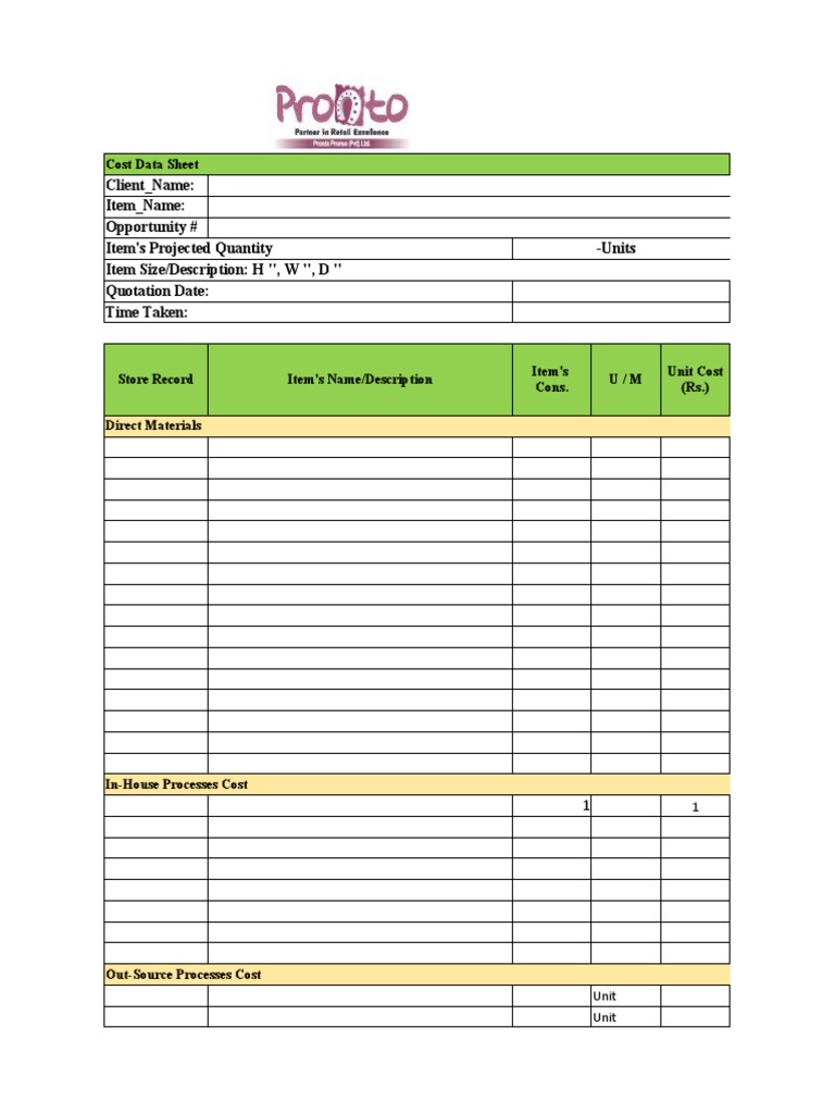 Blank Cost Sheet PDF Business