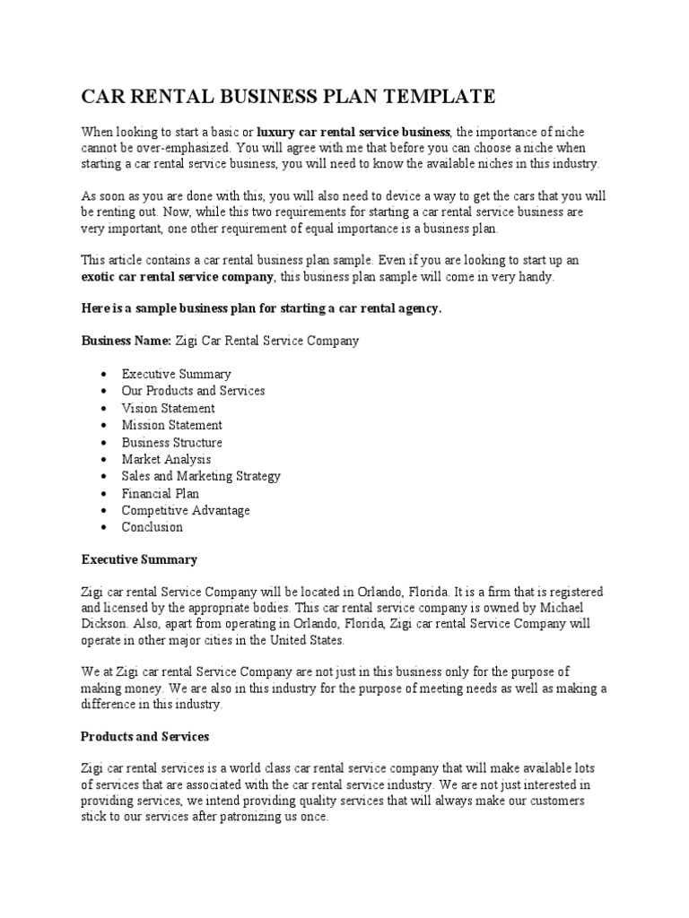 Car Rental Business Plan Template 2 PDF Car Rental Marketing Strategy