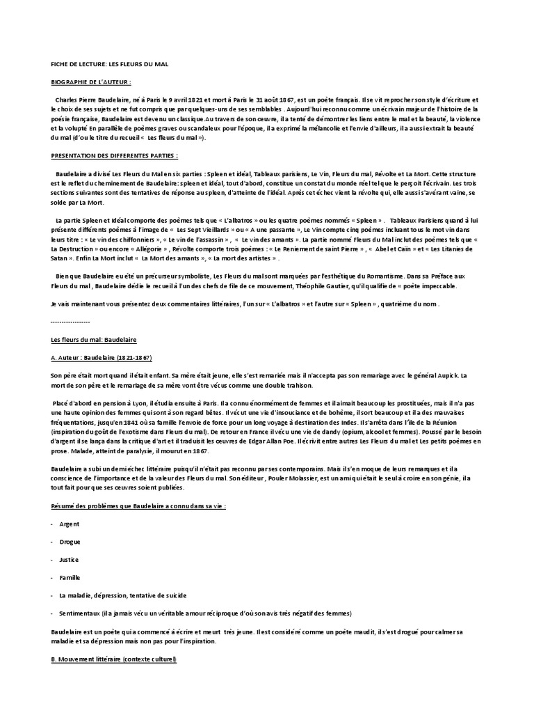 The Buddha Of Suburbia Résumé Par Chapitre En Francais Fiche de Lecture Les Fleurs Du Mal PDF | PDF | Les Fleurs du mal | Charles  Baudelaire