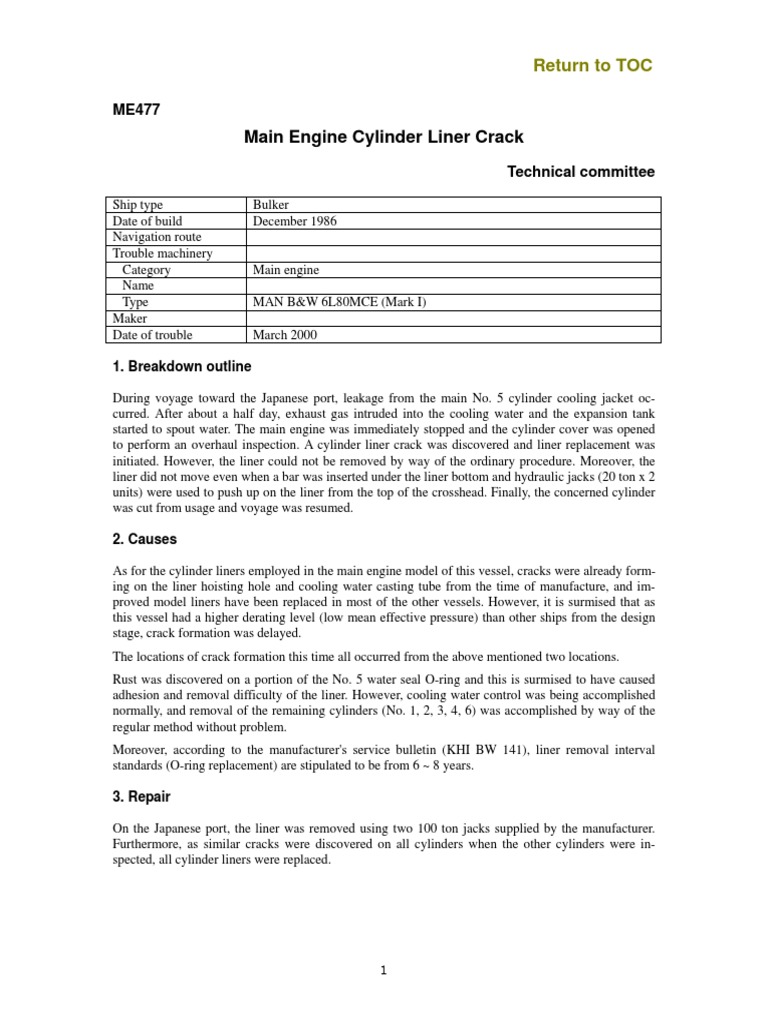 Main Engine Cylinder Liner Crack Return To TOC PDF Cylinder
