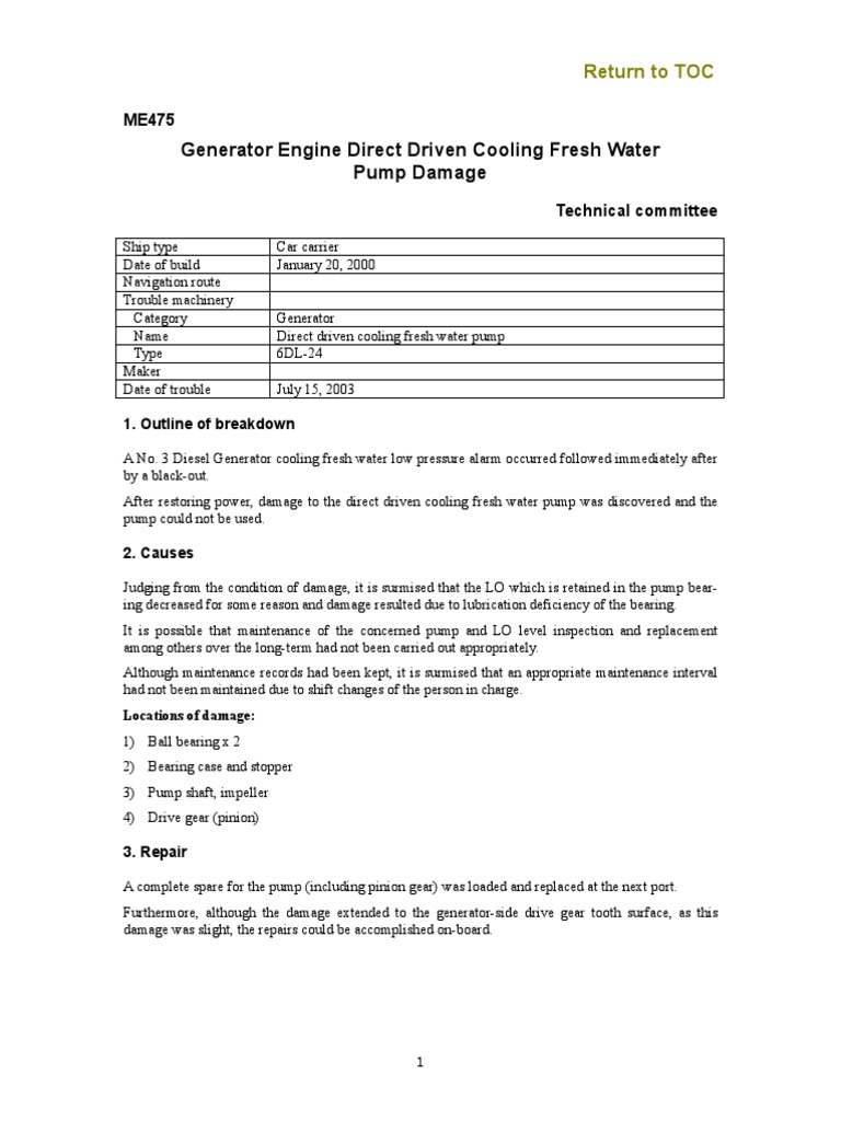 Generator Engine Direct Driven Cooling Fresh Water Pump Damage PDF