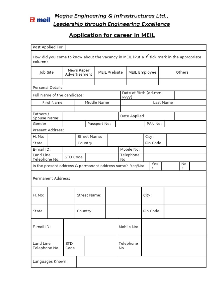 Application For Career in MEIL: Megha Engineering & Infrastructures LTD ...