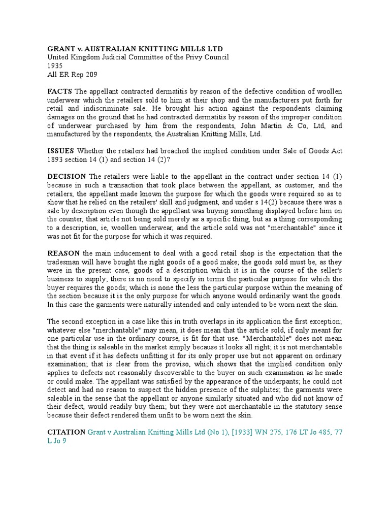 GRANT V AUSTRALIAN KNITTING MILLS LTD PDF Virtue Common Law