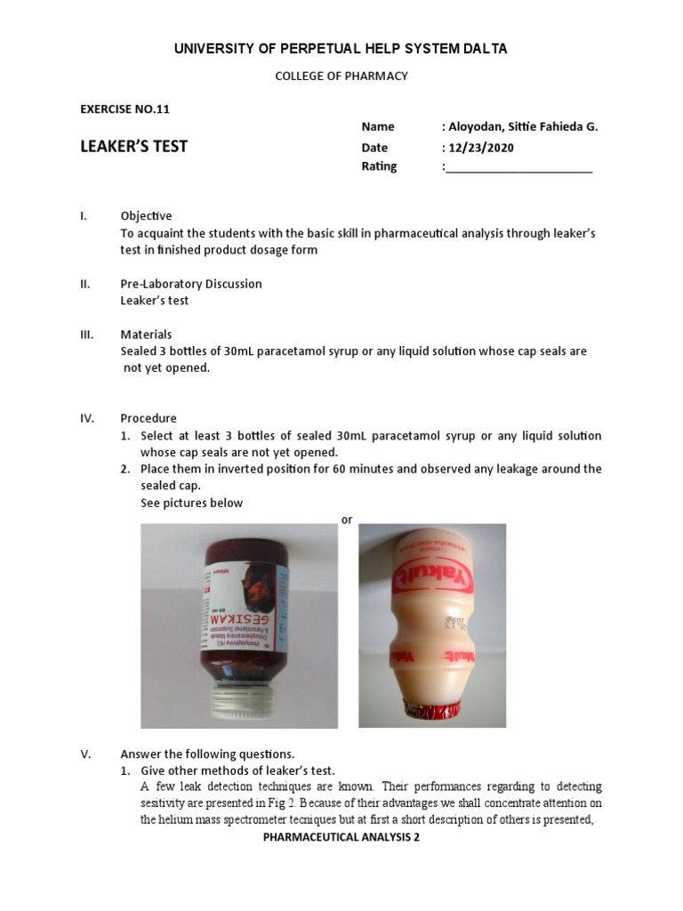 Laboratory Exercise 11 Leaker's Test PDF Leak Gases