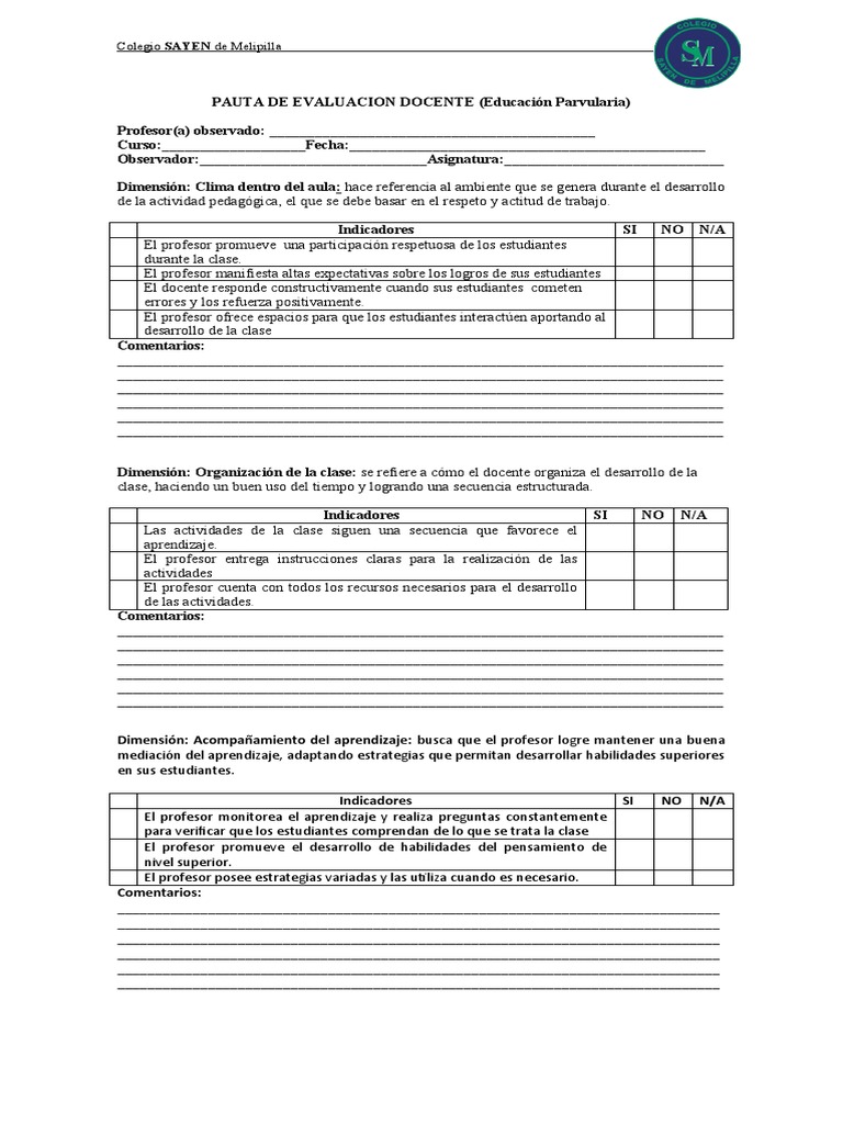 Pauta de Evaluación Docente en Educación Parvularia | PDF | Maestros ...