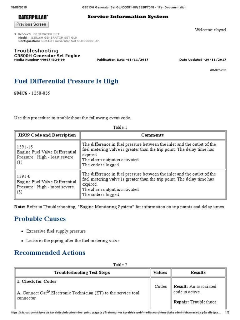 CAT G3516H Fuel Differential Pressure Is High PDF PDF