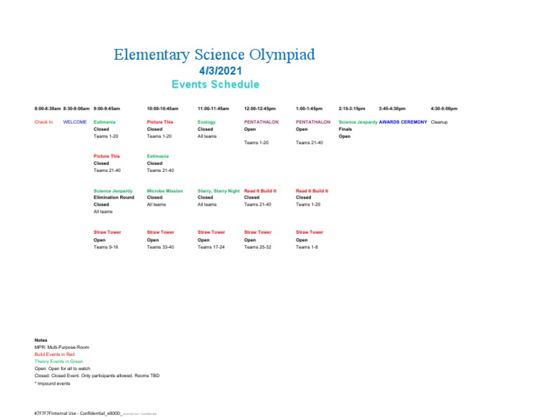 Elementary Science Olympiad Events Schedule PDF