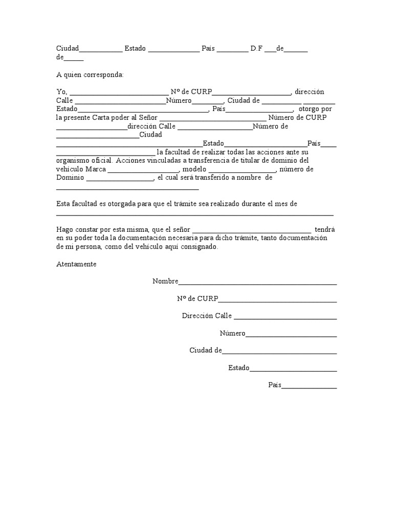 Formato Carta Poder para Trámites Vehiculares 1 | PDF