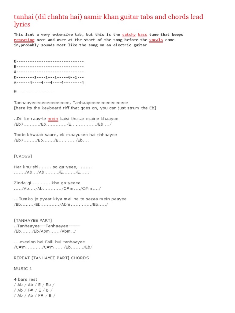 Bajao Guitar Tanhai (Dil Chahta Hai) Aamir Khan Guitar Tabs and