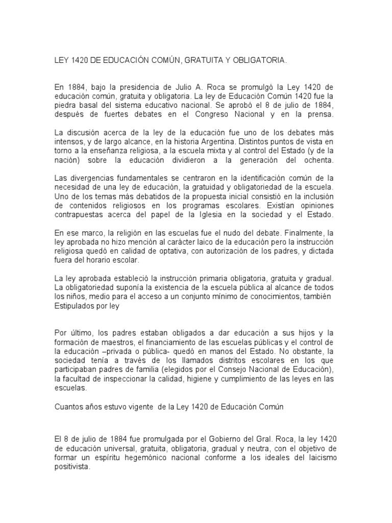 Ley 1420 de Educación Común | PDF | Educación primaria | Derechos humanos