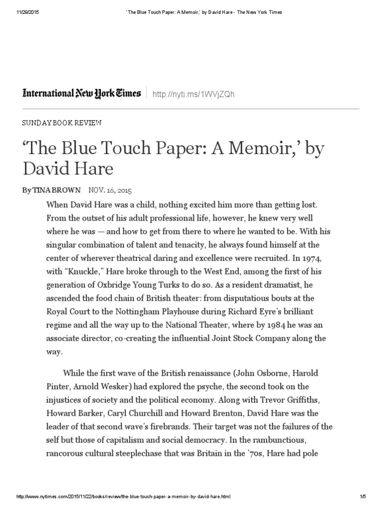 The Blue Touch Paper A Memoir,' by David Hare The New York Times