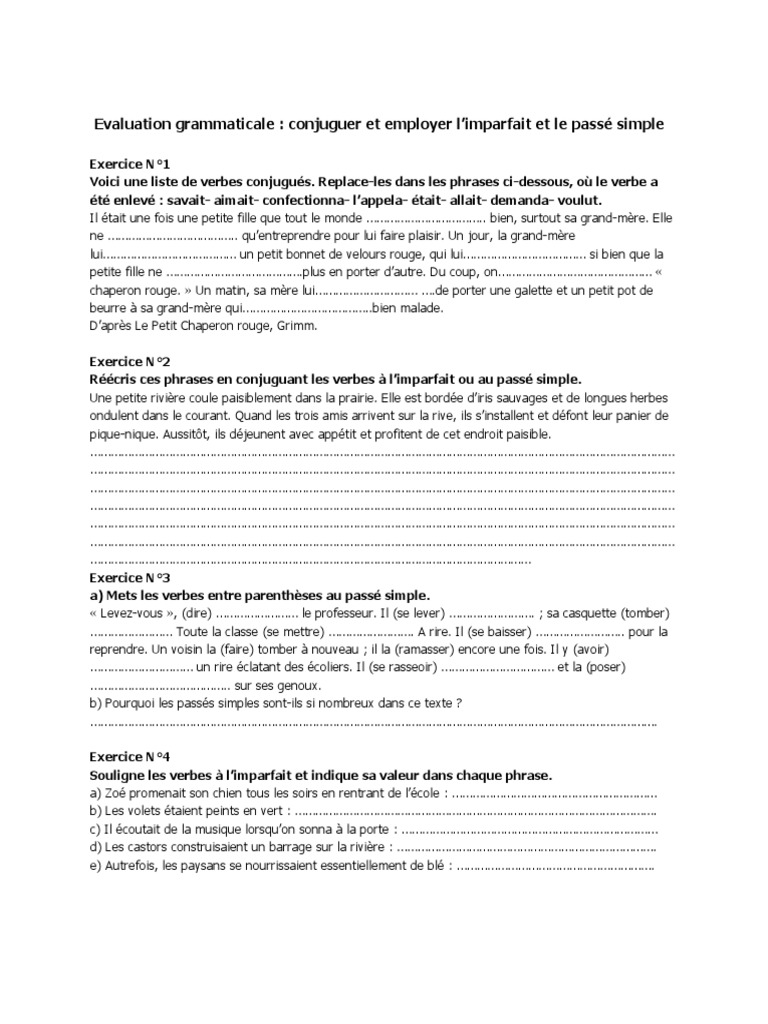 évaluation Imparfait Cm1 Avec Correction Evaluation Grammaticale IMPARFAIT PASSE SIMPLE | PDF | Grammaire |  Linguistique