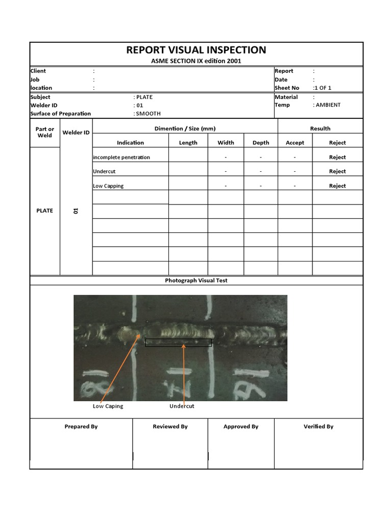 Report Visual Inspection: ASME SECTION IX Edition 2001 | PDF