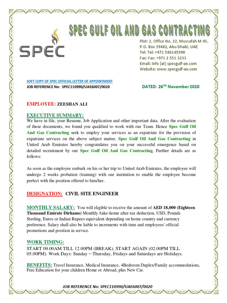 Spec Contract Appointment Letter. PDF United Arab Emirates Employment