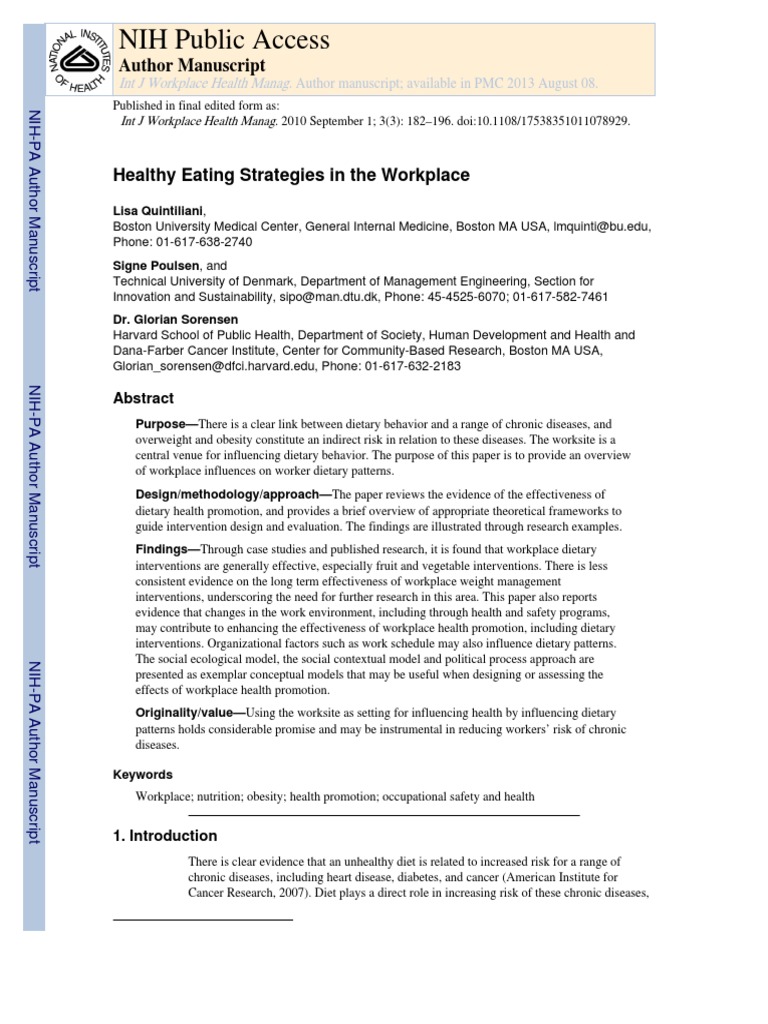 Nihms369914 Healthy Eating Strategies in The Workplace | PDF ...