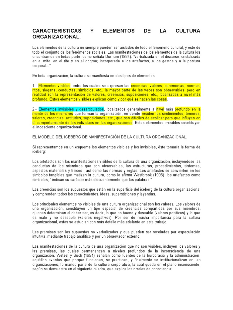 Elementos de la Cultura Organizacional | PDF | Cultura organizacional ...