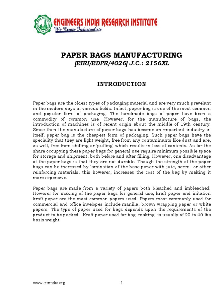 Project Report On Paper Bags Manufacturing PDF Paper Recycling