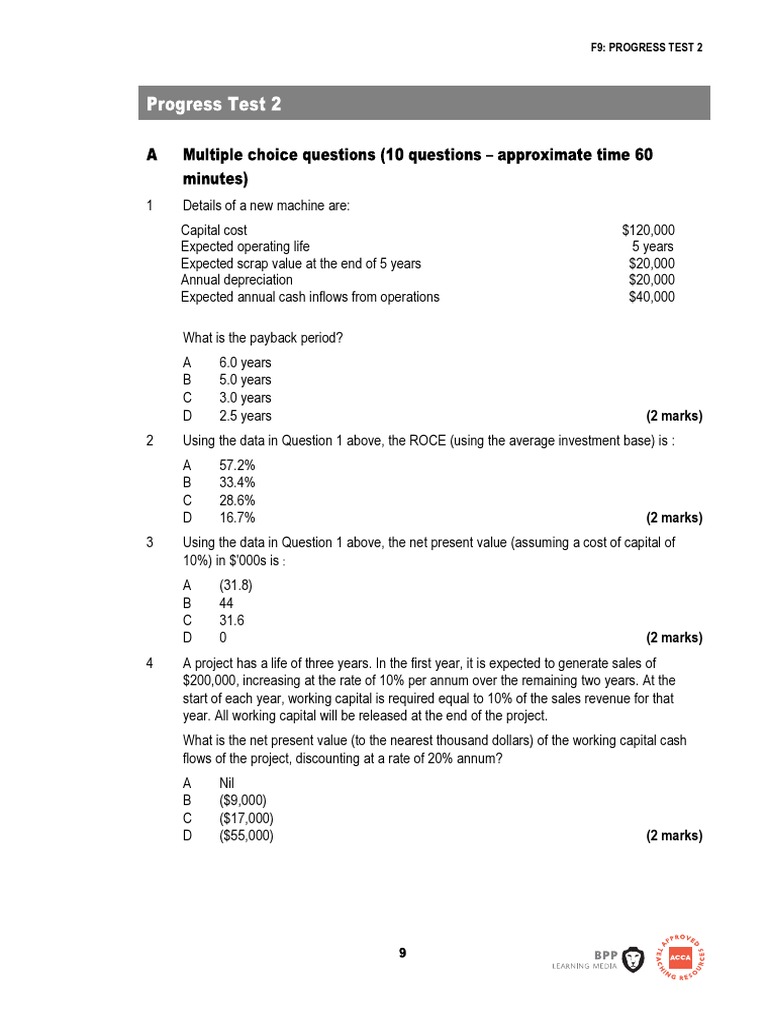 F9 Financial Management Progress Test 2 PDF | PDF | Present Value ...