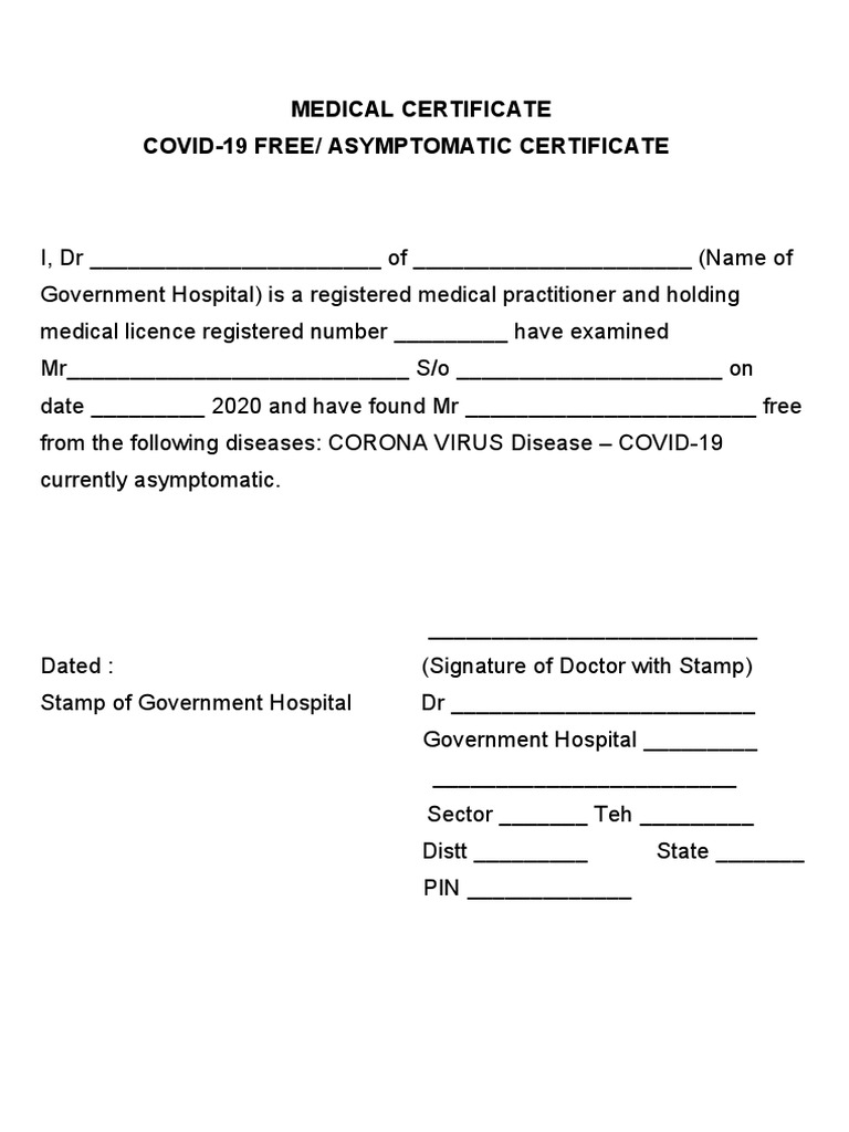 COVID-19 Asymptomatic Medical Certificate | PDF