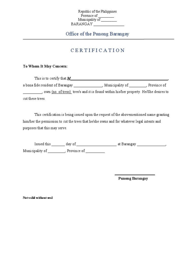 Sample Cert Cutting Trees PDF