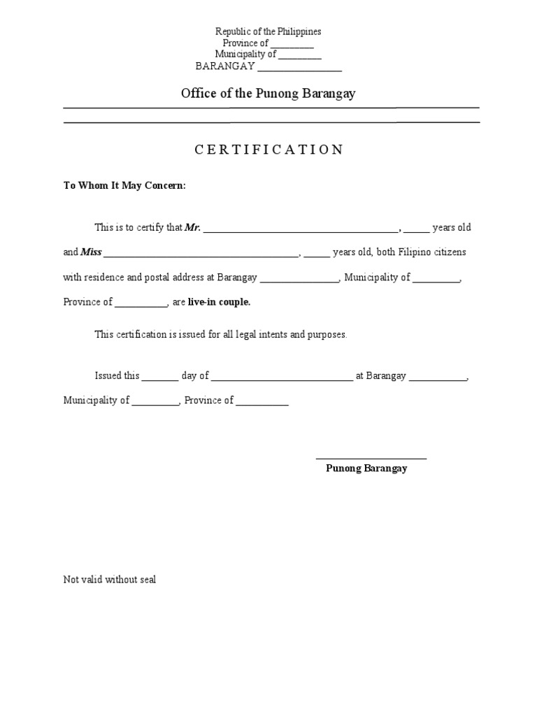 Sample Cert - Live-In Partners | PDF