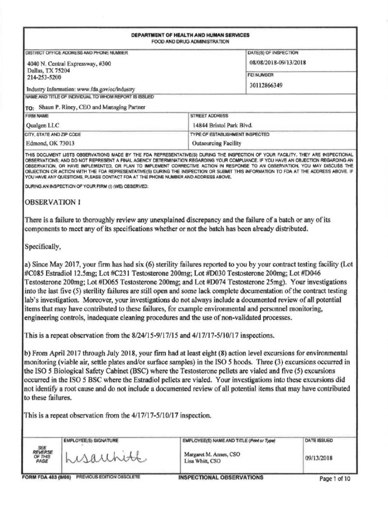 US FDA 483 To Qualgen LLC | PDF | Pharmaceutical Sciences | Business