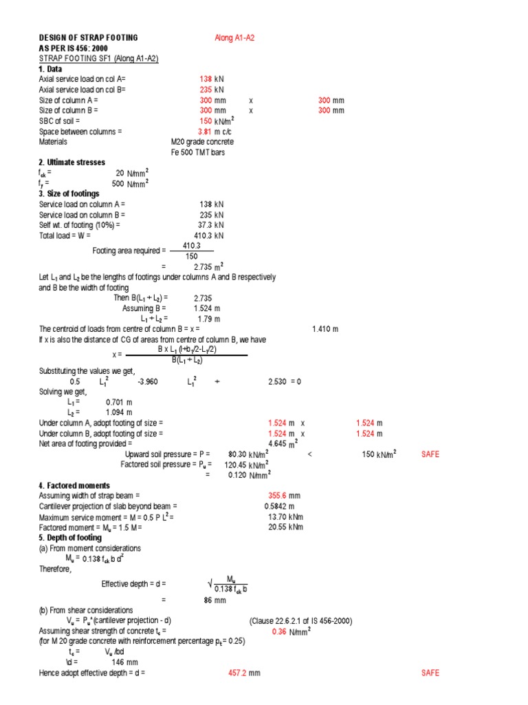 Strap Footing Design As Per Is 456 | PDF | Beam (Structure) | Bending