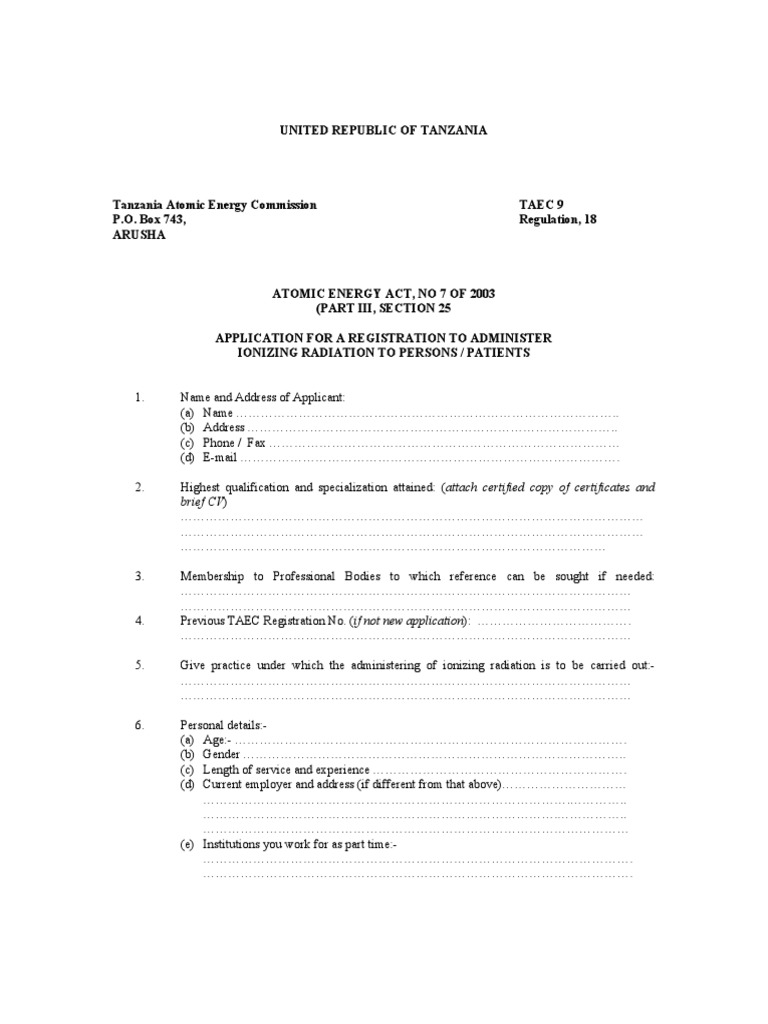 TAEC Ionizing Radiation Registration Form | PDF | Forms Of Energy | Nature