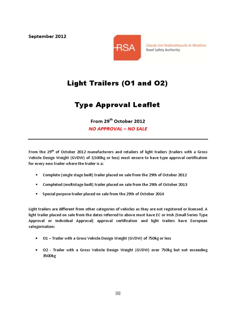 Type Approval Leaflet Light Trailers (O1 and O2) Requirements and Procedures for Obtaining