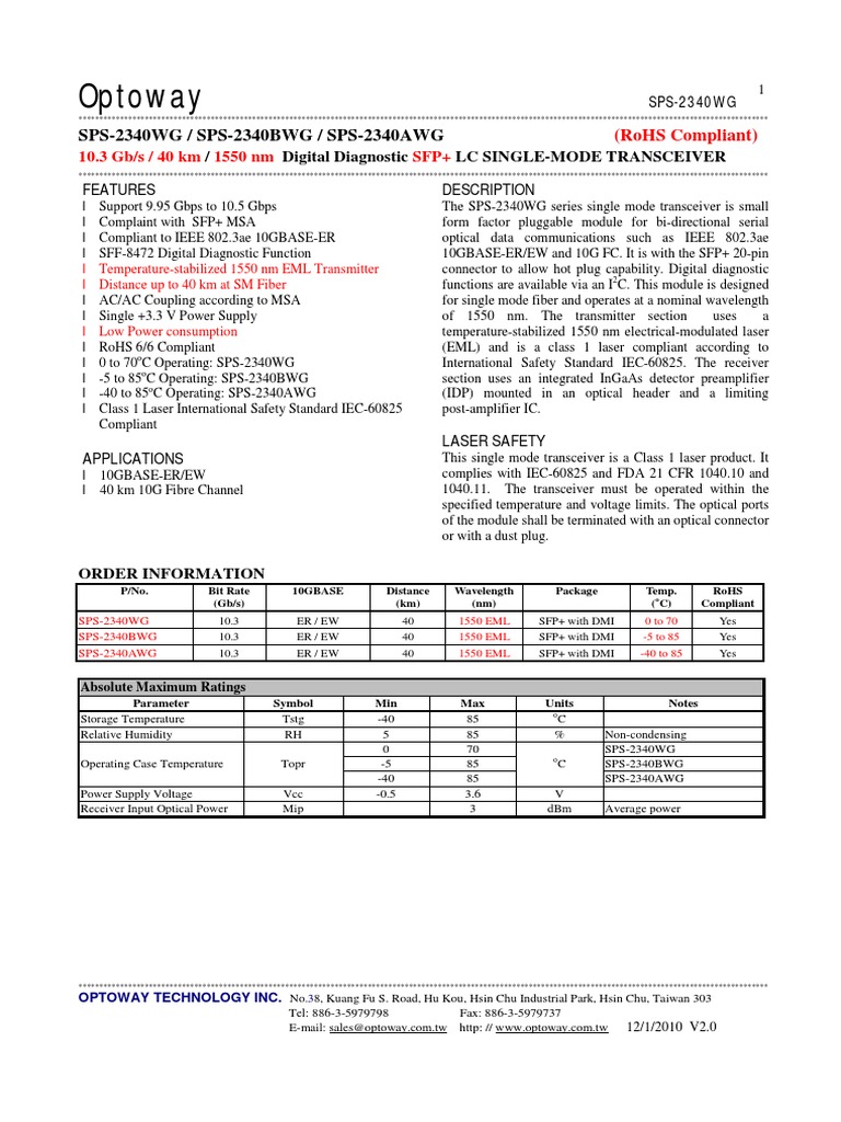 Optoway: SPS-2340WG / SPS-2340BWG / SPS-2340AWG | PDF | Fiber Optic ...