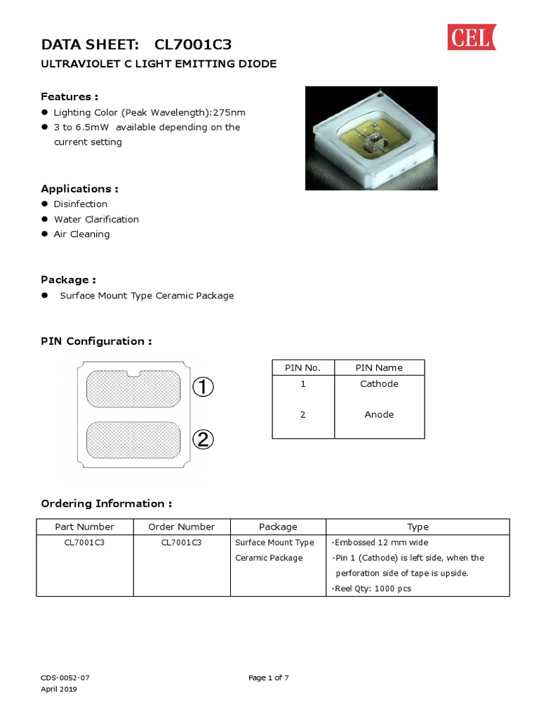 Data Sheet Cl7001C3 Ultraviolet C Light Emitting Diode Features PDF