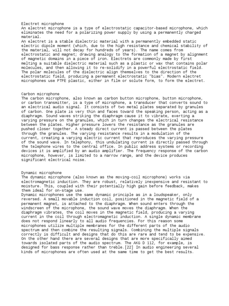 Dynamic Vs Electret Vs Carbon Handset PDF Microphone Physics