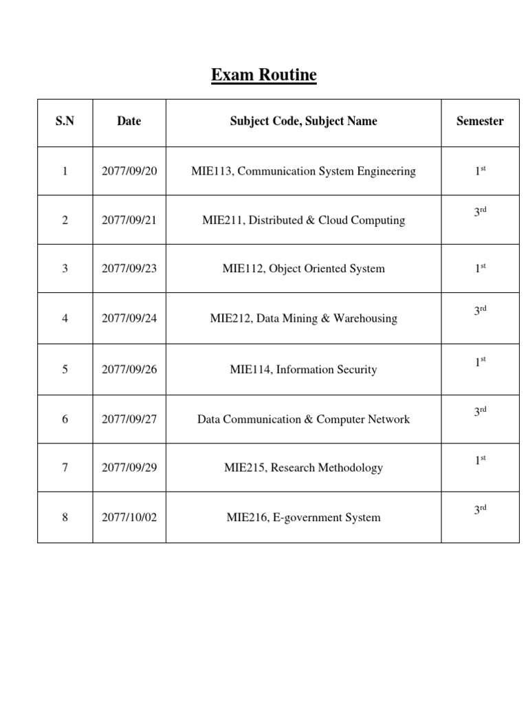 Exam Routine by Subject and Date | PDF
